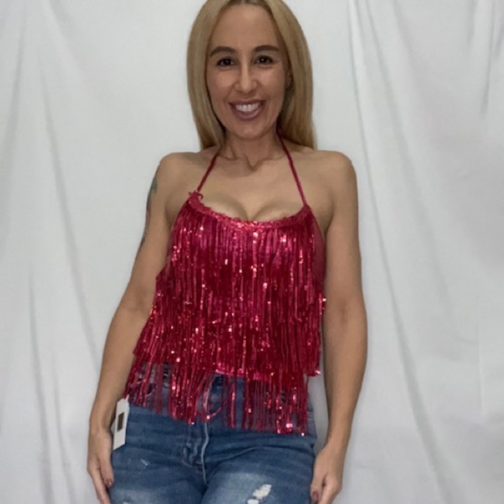 Hot Pink tassel halter top